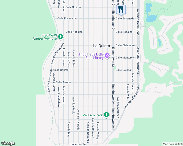 map of restaurants, bars, coffee shops, grocery stores, and more near 53545 Avenue Ramirez in La Quinta