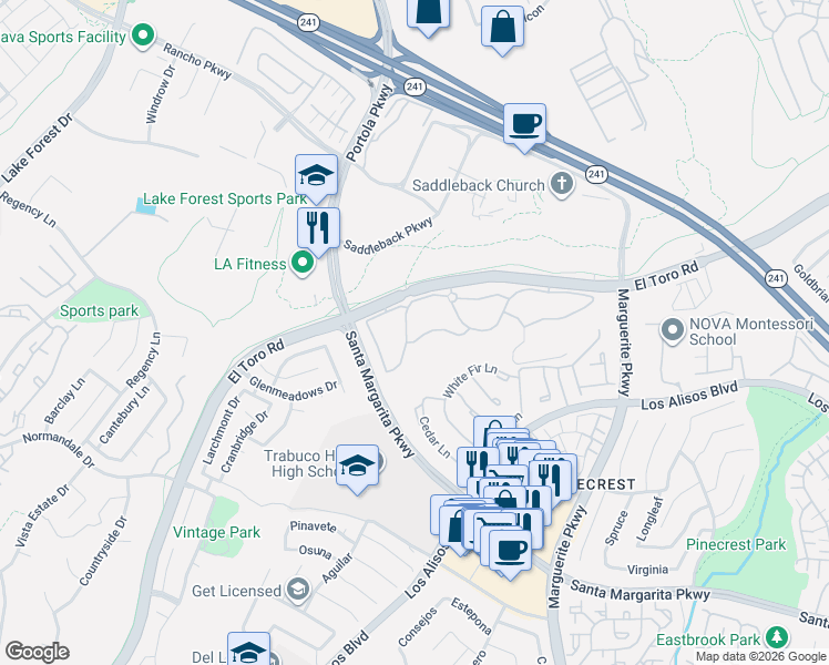 map of restaurants, bars, coffee shops, grocery stores, and more near 20702 El Toro Road in Lake Forest