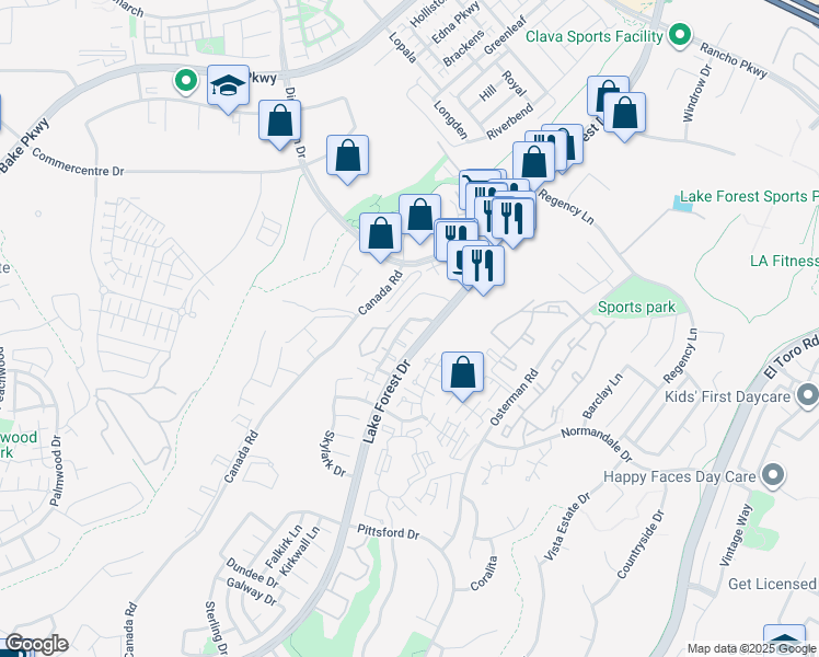 map of restaurants, bars, coffee shops, grocery stores, and more near 26315 Misty Glen in Lake Forest
