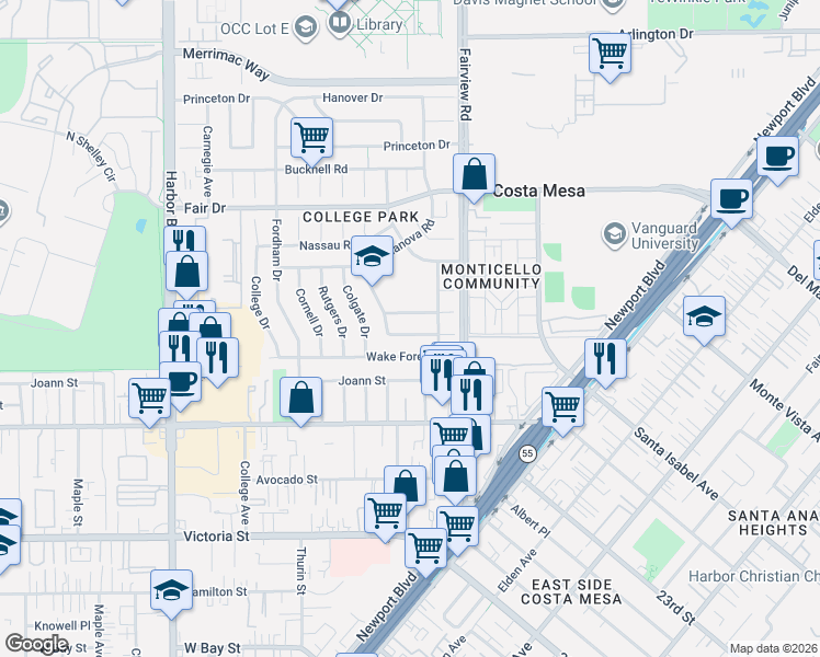 map of restaurants, bars, coffee shops, grocery stores, and more near 232 Amherst Road in Costa Mesa