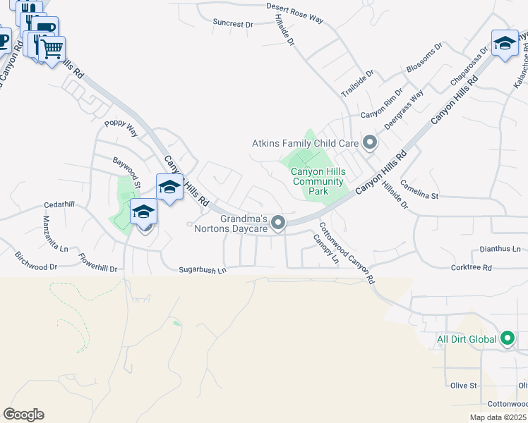map of restaurants, bars, coffee shops, grocery stores, and more near 34019 Winterberry Lane in Lake Elsinore