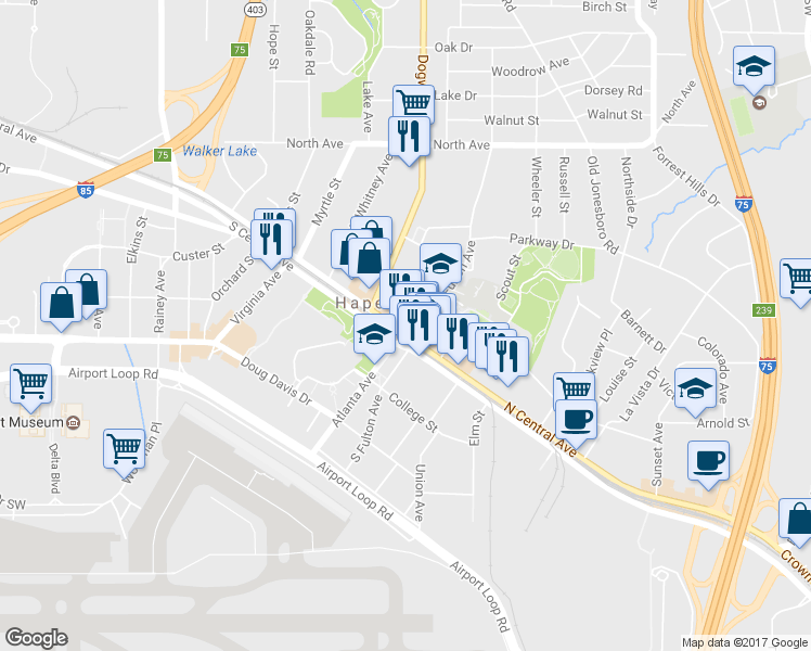 map of restaurants, bars, coffee shops, grocery stores, and more near 623 North Central Avenue in Atlanta