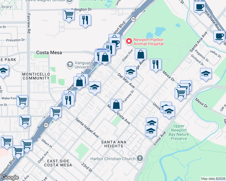 map of restaurants, bars, coffee shops, grocery stores, and more near 2563 Orange Avenue in Costa Mesa