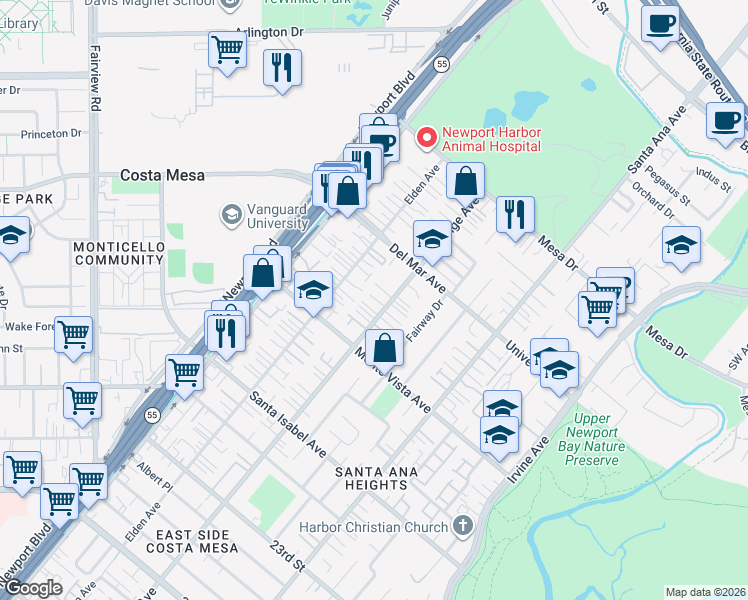 map of restaurants, bars, coffee shops, grocery stores, and more near 2547 Orange Avenue in Costa Mesa