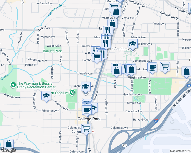 map of restaurants, bars, coffee shops, grocery stores, and more near 1811 Virginia Avenue in Atlanta
