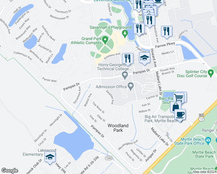 map of restaurants, bars, coffee shops, grocery stores, and more near 770 Swallow Avenue in Myrtle Beach