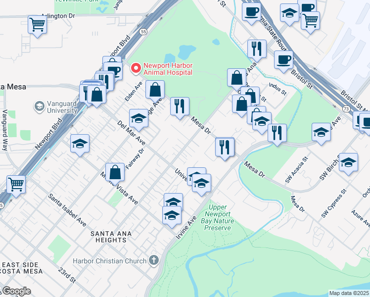 map of restaurants, bars, coffee shops, grocery stores, and more near 300 Cutter Way in Costa Mesa
