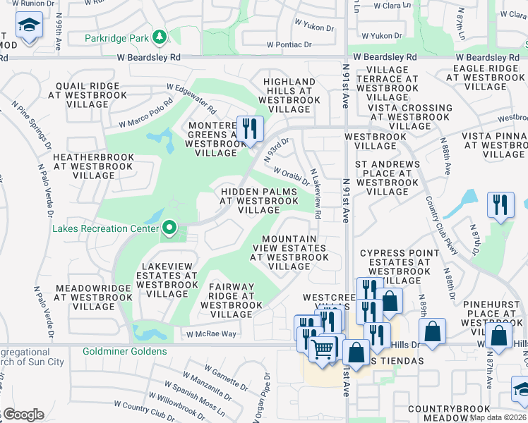 map of restaurants, bars, coffee shops, grocery stores, and more near 19233 North 93rd Avenue in Peoria