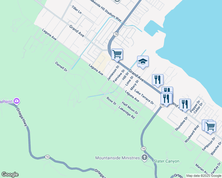 map of restaurants, bars, coffee shops, grocery stores, and more near 15475 Shadow Mountain Lane in Lake Elsinore