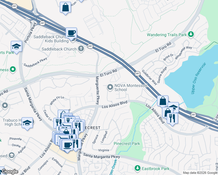 map of restaurants, bars, coffee shops, grocery stores, and more near 264 California Court in Mission Viejo