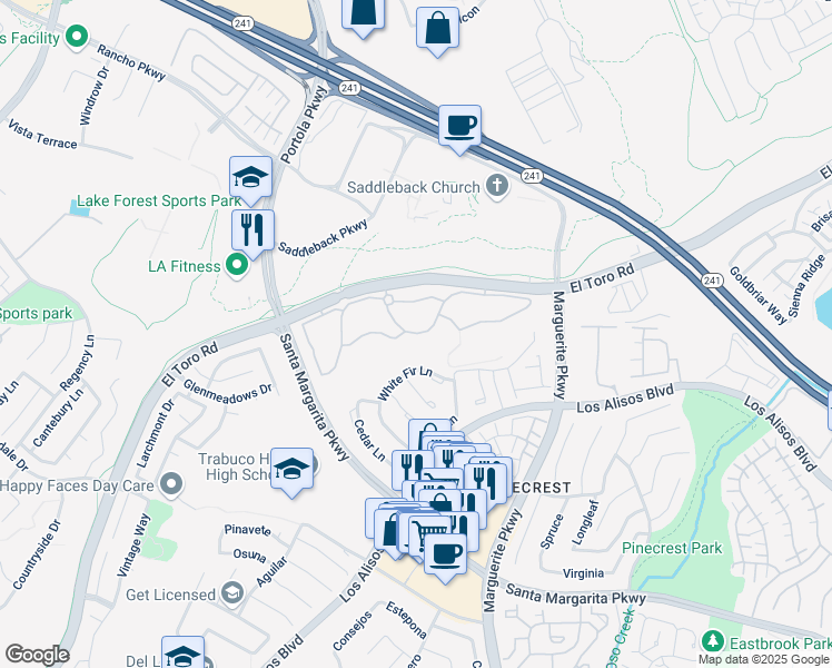 map of restaurants, bars, coffee shops, grocery stores, and more near 20702 El Toro Road in Lake Forest
