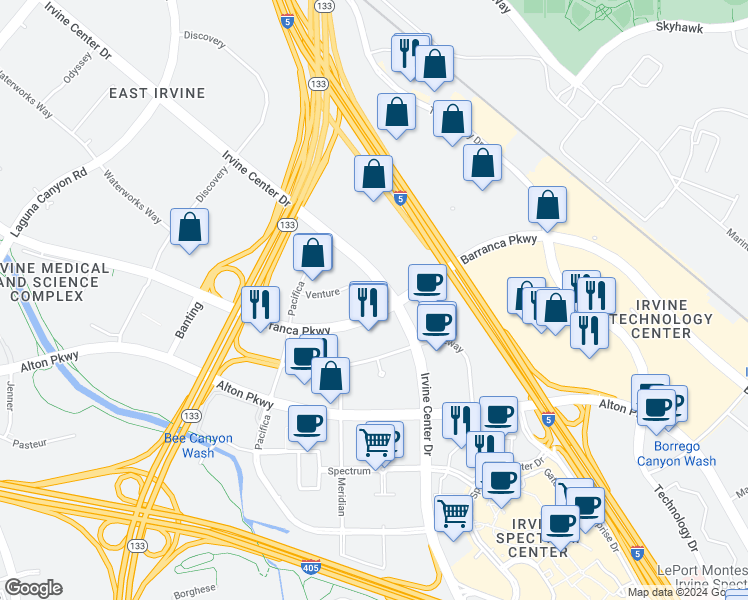 map of restaurants, bars, coffee shops, grocery stores, and more near 2 Venture in Irvine
