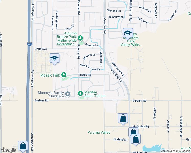 map of restaurants, bars, coffee shops, grocery stores, and more near 28677 Tupelo Road in Menifee