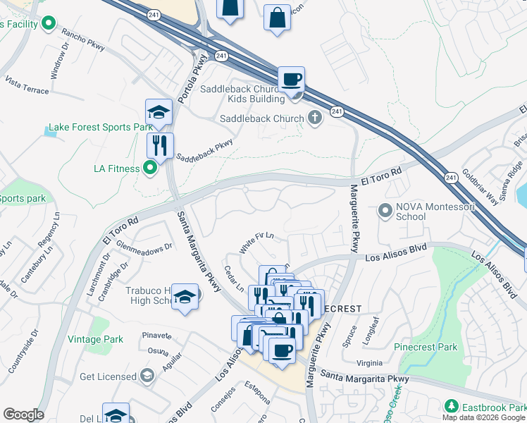 map of restaurants, bars, coffee shops, grocery stores, and more near 20702 El Toro Road in Lake Forest