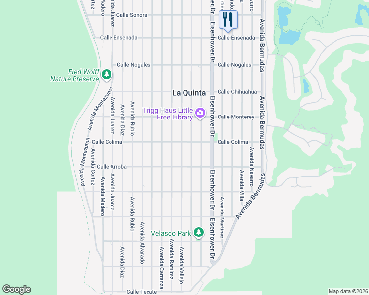 map of restaurants, bars, coffee shops, grocery stores, and more near 53495 Avenue Herrera in La Quinta