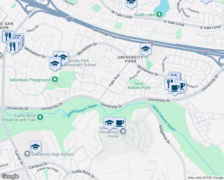 map of restaurants, bars, coffee shops, grocery stores, and more near 4871 Basswood Lane in Irvine