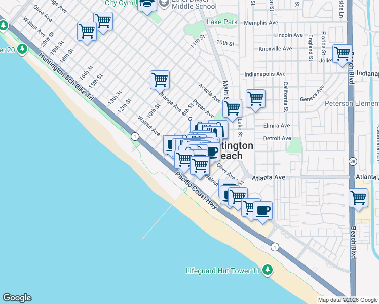 map of restaurants, bars, coffee shops, grocery stores, and more near 225 6th Street in Huntington Beach