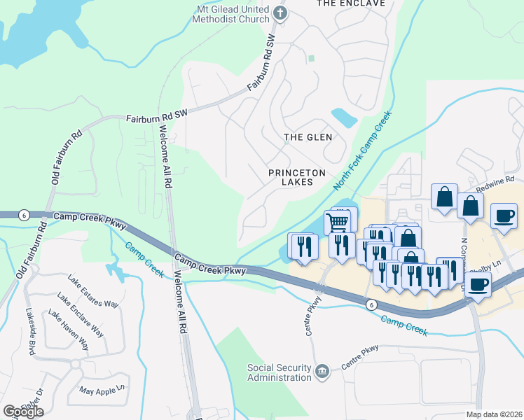 map of restaurants, bars, coffee shops, grocery stores, and more near 3881 Princeton Lakes Way in Atlanta