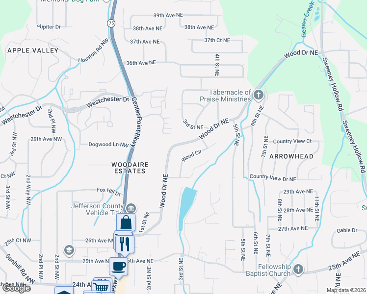 map of restaurants, bars, coffee shops, grocery stores, and more near 2817 Wood Drive Northeast in Center Point
