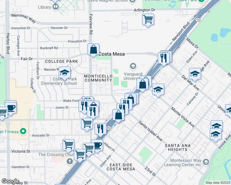 map of restaurants, bars, coffee shops, grocery stores, and more near 2330 Vanguard Way in Costa Mesa