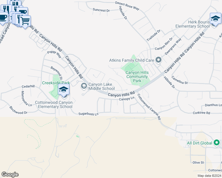 map of restaurants, bars, coffee shops, grocery stores, and more near 33546 Cedar Creek Lane in Lake Elsinore