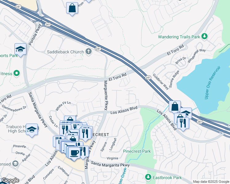 map of restaurants, bars, coffee shops, grocery stores, and more near 264 California Court in Mission Viejo
