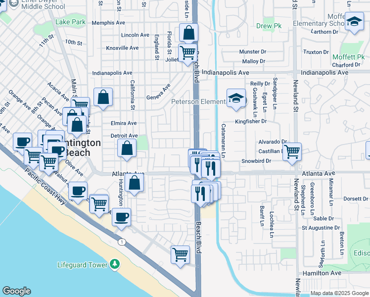 map of restaurants, bars, coffee shops, grocery stores, and more near 20701 Beach Boulevard in Huntington Beach