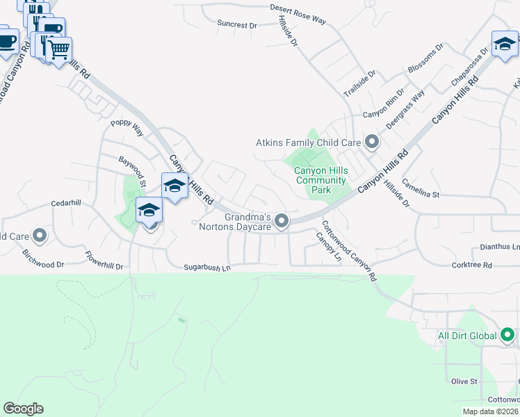 map of restaurants, bars, coffee shops, grocery stores, and more near 33546 Cedar Creek Lane in Lake Elsinore