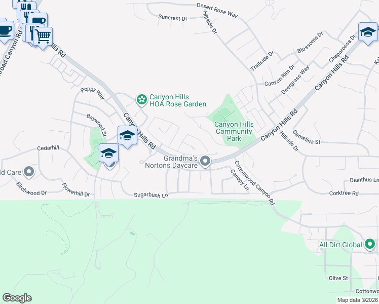 map of restaurants, bars, coffee shops, grocery stores, and more near 32589 Winterberry Lane in Lake Elsinore
