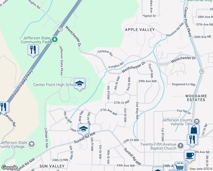 map of restaurants, bars, coffee shops, grocery stores, and more near 2812 4th Place Northwest in Center Point