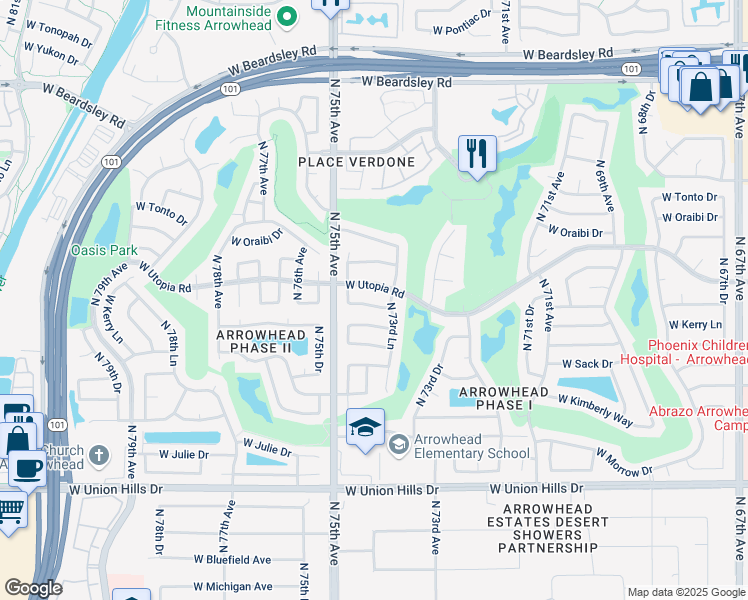 map of restaurants, bars, coffee shops, grocery stores, and more near 7392 West Kristal Way in Glendale