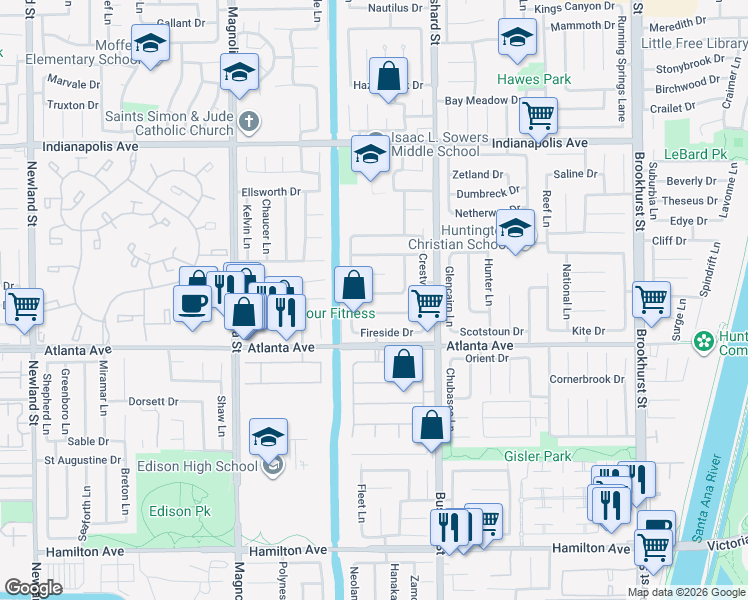 map of restaurants, bars, coffee shops, grocery stores, and more near 9322 Comstock Drive in Huntington Beach