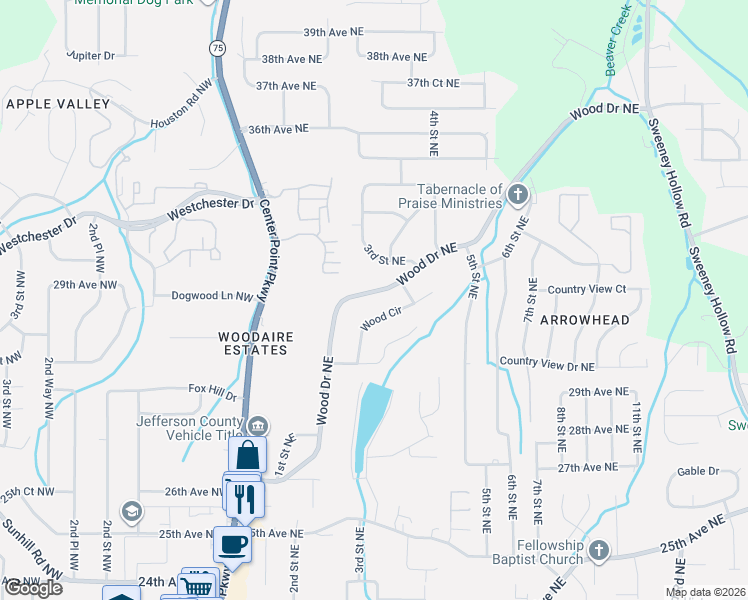 map of restaurants, bars, coffee shops, grocery stores, and more near 2817 Wood Drive Northeast in Center Point