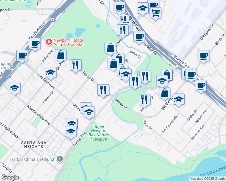 map of restaurants, bars, coffee shops, grocery stores, and more near 1691 Mesa Drive in Newport Beach