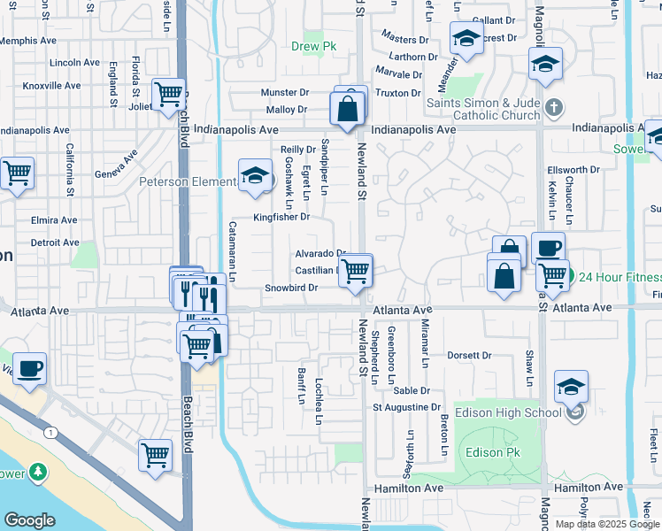 map of restaurants, bars, coffee shops, grocery stores, and more near 8391 Castilian Drive in Huntington Beach