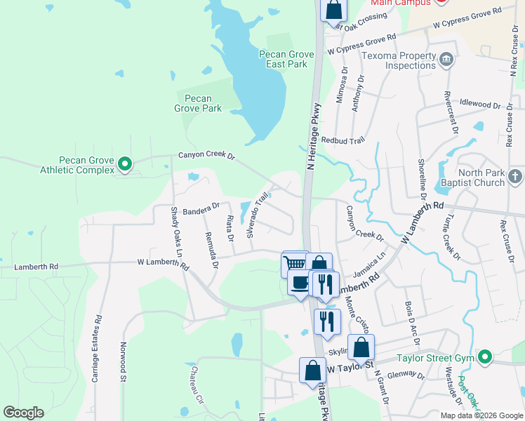map of restaurants, bars, coffee shops, grocery stores, and more near 2701 Silverado Trail in Sherman