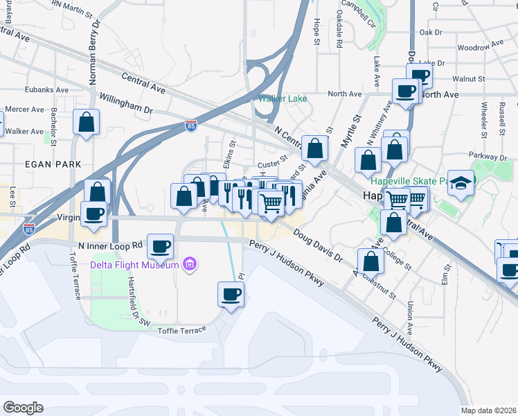map of restaurants, bars, coffee shops, grocery stores, and more near 3454 Rainey Avenue in Atlanta