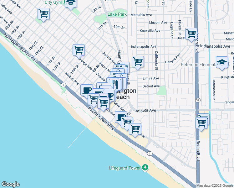 map of restaurants, bars, coffee shops, grocery stores, and more near 326 Main Street in Huntington Beach