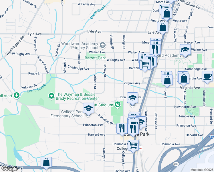 map of restaurants, bars, coffee shops, grocery stores, and more near 3520 Conley Street in College Park