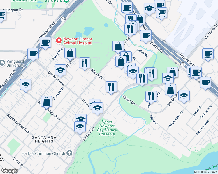 map of restaurants, bars, coffee shops, grocery stores, and more near 333 Mesa Drive in Costa Mesa