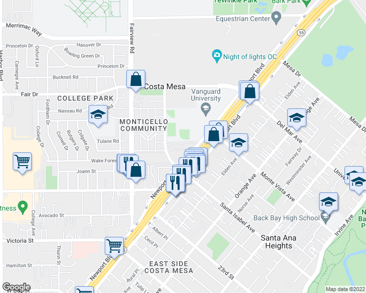 map of restaurants, bars, coffee shops, grocery stores, and more near 2330 Vanguard Way in Costa Mesa