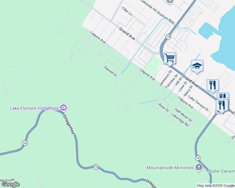 map of restaurants, bars, coffee shops, grocery stores, and more near Lakeview Terrace in Lake Elsinore