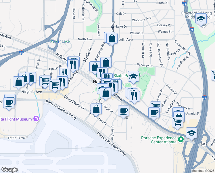 map of restaurants, bars, coffee shops, grocery stores, and more near in Hapeville