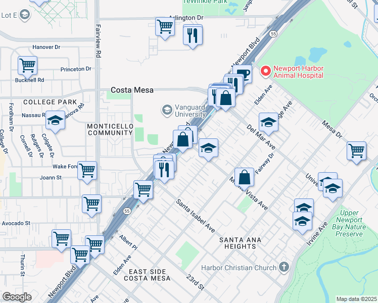 map of restaurants, bars, coffee shops, grocery stores, and more near 100 Monte Vista Avenue in Costa Mesa