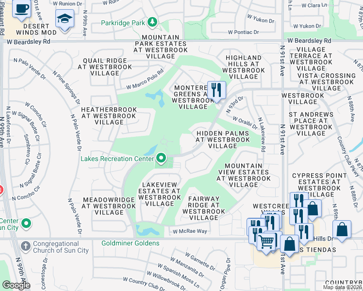 map of restaurants, bars, coffee shops, grocery stores, and more near 19400 North Westbrook Parkway in Peoria