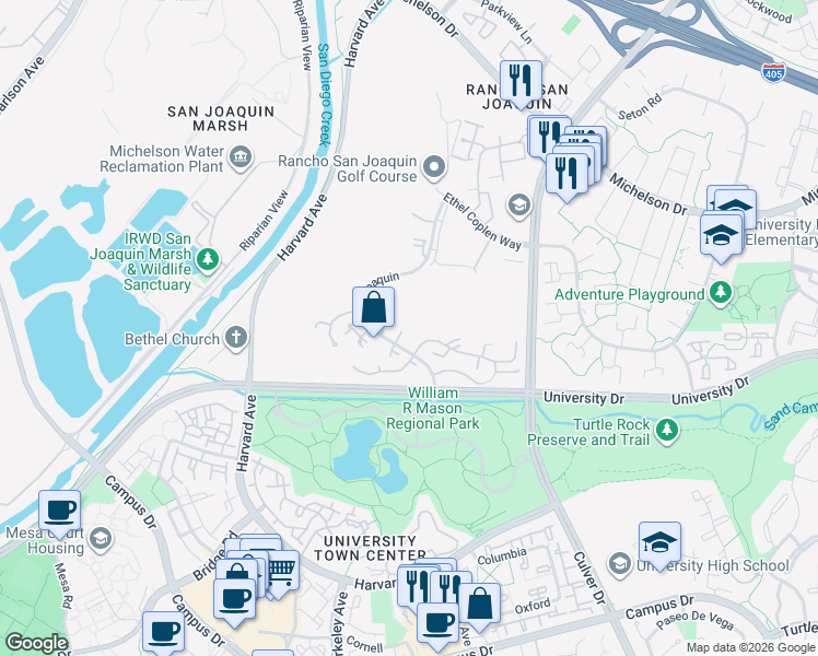 map of restaurants, bars, coffee shops, grocery stores, and more near 10 Lago Norte in Irvine