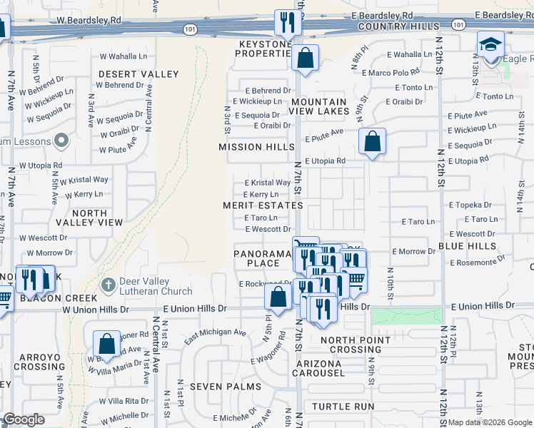 map of restaurants, bars, coffee shops, grocery stores, and more near 442 East Topeka Drive in Phoenix