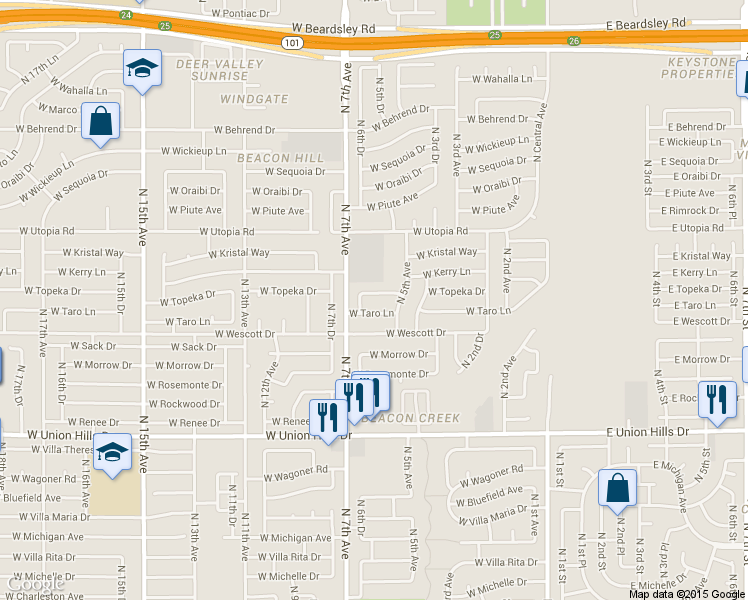 map of restaurants, bars, coffee shops, grocery stores, and more near 601 West Topeka Drive in Phoenix