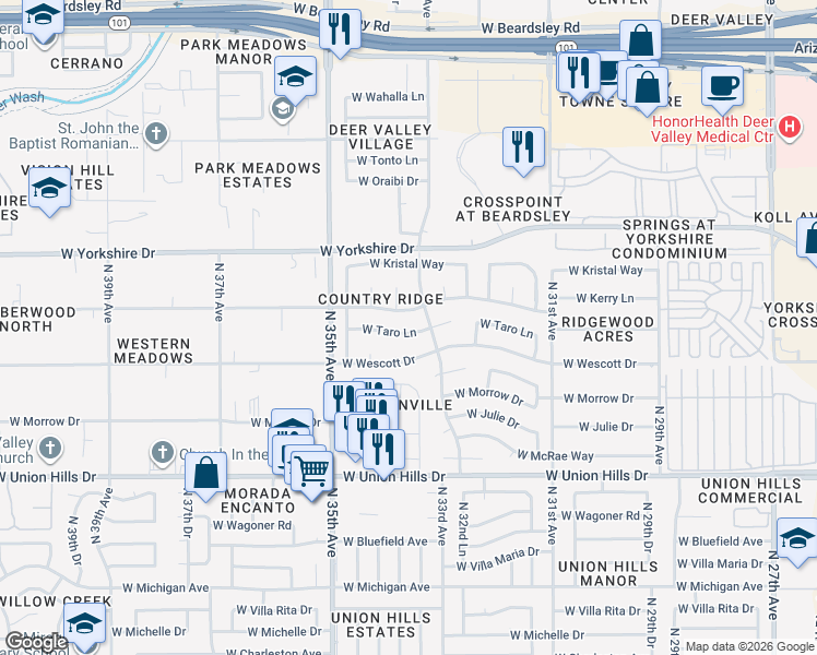 map of restaurants, bars, coffee shops, grocery stores, and more near 3301 West Topeka Drive in Phoenix