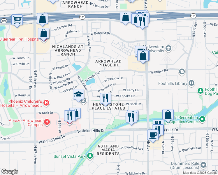 map of restaurants, bars, coffee shops, grocery stores, and more near 6183 West Sequoia Drive in Glendale